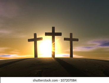 An impression of the three crosses on the mountain golgotha representing the day of christs crucifixion in a sunrise
