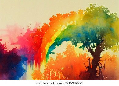 Impressionist Abstract Watercolor Painting 18th To 19th Century Style. Colorful Rainbow Over A Tree. Artistic Illustration.