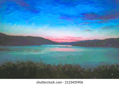 Impressionist Illustration Of A Sunset In A Lake