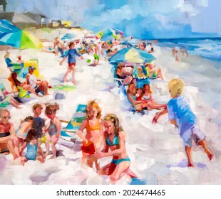 An Impressionist Oil Painting Depicting A Sunny Day At The Beach.