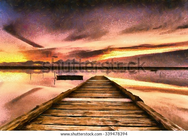 Impressionist Oil Painting Sunset On Fleet Stock Illustration 339478394 