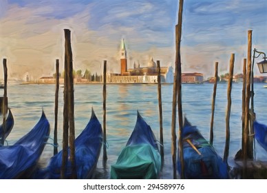 Impressionist painting of Gondolas moored at Molo San Marco in Venice Italy with San Giorgio Maggiore in the background