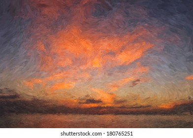 Impressionist Style Painting Of A Sunset Over Water