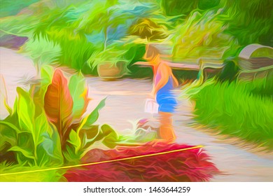 Impressionistic Abstract Of Unidentifiable Young Woman Gardener Sweeping A Path Between Plants In A Public Garden On A Summer Day, With Digital Painting Effects