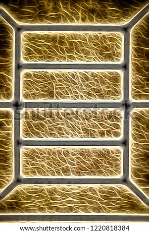 Impressionistic abstract of welded iron railing with crisscrossing fibers like flames of a nearby fire, with digital neon glow effect. for decoration or background