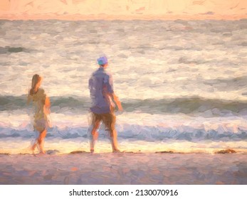 Impressionistic abstract of a young couple standing on a sandy beach and watching waves near sunset on a barrier island along the Gulf of Mexico in Florida. Digital impasto effect, 3D rendering.