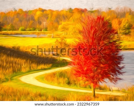 Similar – Image, Stock Photo Impressionist autumn scene of fields and oak forest