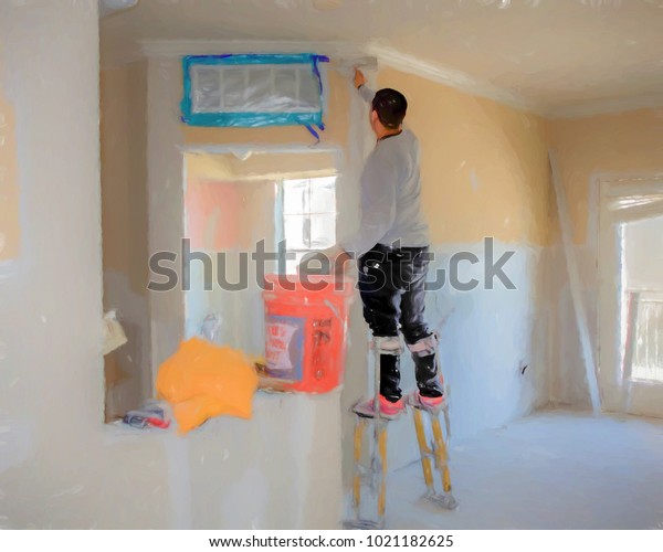 Impressionistic Image Worker On Stilts Applying Stock Illustration