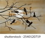 Impressionistic landscape, little bird standing on a branch, sun background, hand drawn oil painting, home decor, wall art,Design creativity, background material, inkjet printing, oil painting