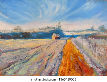 Impressionistic landscape with shack nearby the road. Original painting, oil on canvas