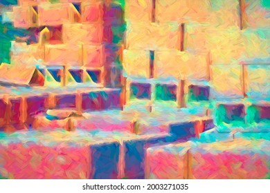 Impressionistic Multicolor Abstract Of Concrete Blocks Stacked On A Residential Construction Site In Strong Sunlight In Florida. Digital Remix And Impasto Effect, 3D Rendering.