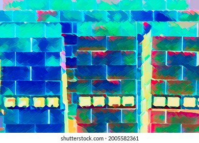 Impressionistic Multicolor Abstract Of Stacks Of Concrete Blocks On Residential Construction Site, With Digital Remix, Inversion, And Painting Effects. 3D Rendering.