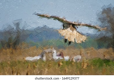 Impressionistic Style Artwork Of A Young Red-Tailed Hawk Diving On Its Prey