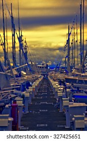 Impressionistic sunset abstract of dock at sailing center in Seattle, Washington, USA
