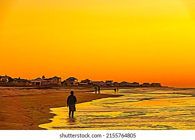 Impressionistic view of beachgoers by seawater in tidal zone that reflects glowing sky just after sunset on a barrier island in the Florida panhandle. Digital painting effect, 3D rendering.