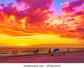 Impressionistic view of beachgoers at sunset on a barrier island in west central Florida, with digital painting effects. 3D rendering.