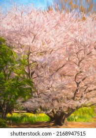 Impressionistic view of a cherry tree (unidentified species) in bloom at end of March in an ornamental garden, for motifs of spring, transition and transience. Digital painting effect, 3D rendering.