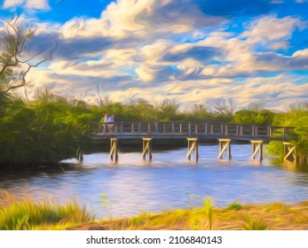Impressionistic view of four senior hikers standing together near the end of a footbridge across a lagoon near sunset in a nature preserve in southwest Florida. Digital painting effect, 3D rendering.