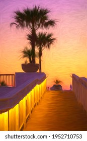 Impressionistic view of illuminated access ramp near palm trees in silhouette at sunset along the Gulf of Mexico, Alys Beach, Florida, USA, with digital painting effect. 3D rendering.