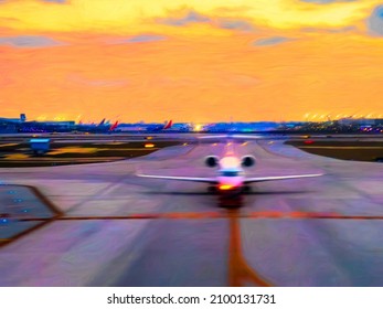 Impressionistic view of jet aircraft on runway near large airport terminal at sunset. Digital painting effects with canvas texture, 3D rendering.