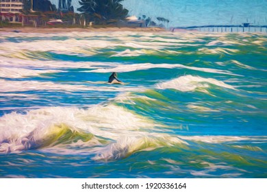 Impressionistic view of lone surfer on his or her surfboard waiting for a wave some distance from shore along the Gulf Coast in southwest Florida, with digital painting effect. 3D rendering. - Powered by Shutterstock