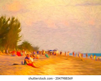 Impressionistic view of man playing guitar beside woman while other beachgoers mingle before sunset on a barrier island along the Gulf Coast of Florida. Digital painting effect, 3D rendering.