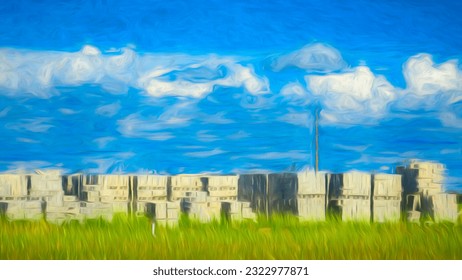 Impressionistic view of many stacks of concrete blocks on grassy site of impending construction of single-family houses in a suburban development in Florida. Digital painting effect, 3D rendering.