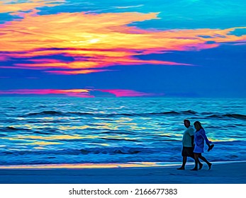 Impressionistic view of mid adult couple walking hand in hand, in partial silhouette, along water's edge on coastal beach near sunset in southwest Florida. Digital painting effects, 3D rendering.