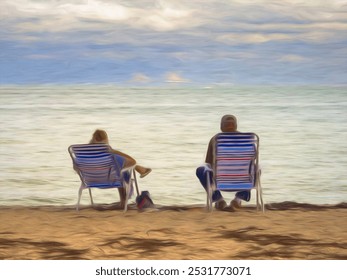 Impressionistic view of a senior couple on beach recliners who look across the sea toward a highway bridge that connects two counties in southwest Florida. Digital painting effect, 3D rendering. - Powered by Shutterstock