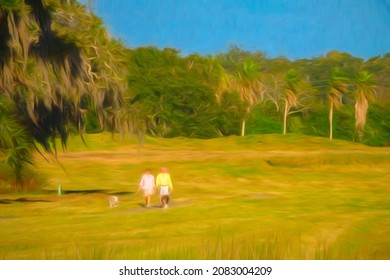 Impressionistic View Of Senior Couple Walking Two Dogs On Fairway Of Onetime Golf Course Used As A Nature Preserve On A Sunny Day In Southwest Florida. Digital Painting Effect, 3D Rendering.