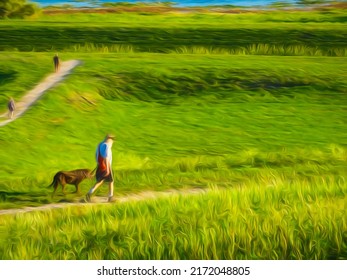 Impressionistic View Of A Senior Man Walking A Dog Along A Hillside Trail Within Sight Of Others In A Nature Preserve On A Sunny Morning In Southwest Florida. Digital Painting Effects, 3D Rendering.