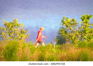 Impressionistic View Of Senior Woman Hiking Along A Nature Trail In A Coastal Preserve On A Sunny Afternoon In Southwest Florida. Digital Painting Effect, 3D Rendering.