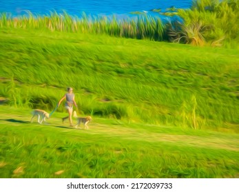 Impressionistic View Of A Senior Woman Walking Two Dogs In A Nature Preserve And Stormwater Management Area On A Sunny Morning In Southwest Florida. Digital Painting Effects, 3D Rendering.