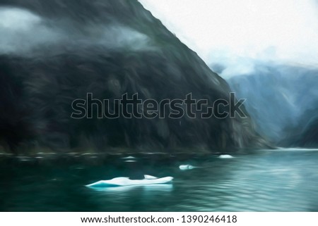 Impressionistic view of small glacial ice floes on tidewaters of Tracy Arm fjord in southeastern Alaska, USA, on a drizzly morning in summer, with digital painting effect and canvas texture