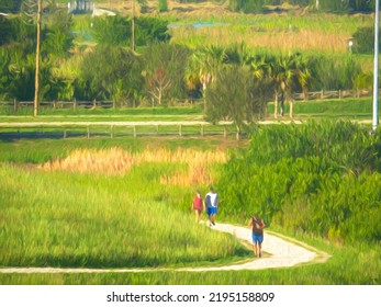 Impressionistic View Of A Solitary Jogger Followed By Hiking Couple On A Curved Trail In A Conservation Area Along A Suburban Road On A Sunny Morning In Florida. Digital Painting Effect, 3D Rendering.