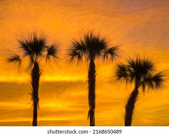 Impressionistic view of three tall palm trees, one shorter than the two others, in silhouette against a glowing sunset sky in southwest Florida. Digital painting effect, 3D rendering.