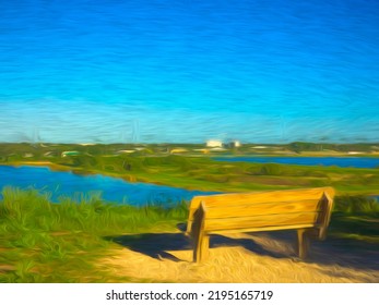 Impressionistic View Of Wooden Bench In Morning Sunlight On Hilltop In Regional Stormwater Facility And Conservation Area On The Great Florida Birding Trail. Digital Painting Effect, 3D Rendering.