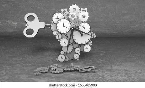 Impressive 3d illustration of blow your mind clock dials of various sizes with classic hour and minute arrows mixed with cogs in the grey backdrop. 