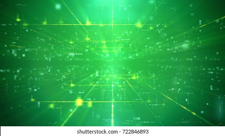 Impressive 3d Rendering Of An Innovative Technology Cyberspace Channel Through A Time Portal With A Grid Of Figures. The Background Is Green. It Has A Lot Of Gleaming Spotlights And Rays.