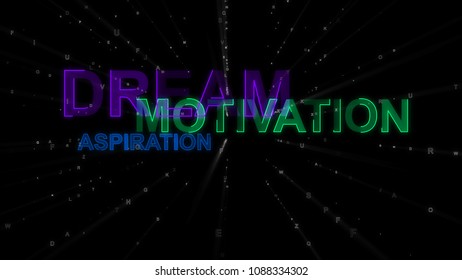 An impressive 3d rendering of such concept words as dream, motivation and aspiration. They are green, blue and violet in the black background. 