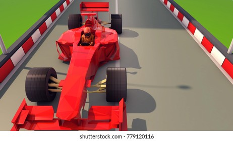 An impressive 3d rendering of a toy looking formula 1 with a driver in a helmet taking part in a speedy race. It is bright red and has wide tyres and aerodynamic body. It flies like a rocket.