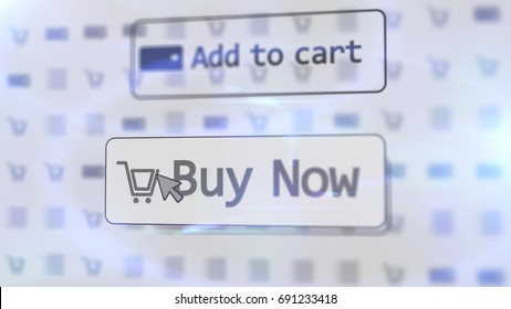Impressive  3D rendering  white internet shop screen and such inscriptions as add to cart  buy now    one basket  placed two icons and numerous blurred drawings