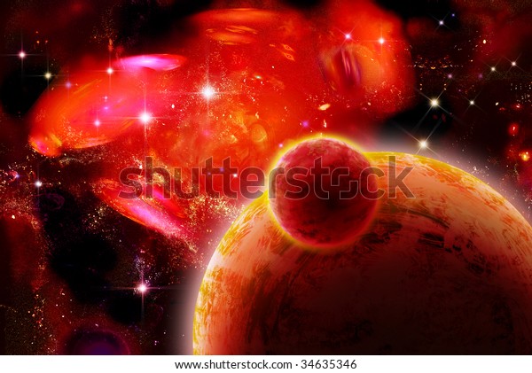 Impressive\
red space, planets with sputnik near\
nebula