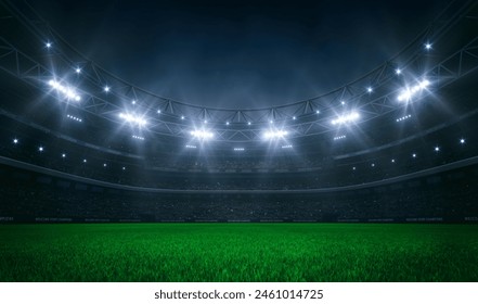 Impressive soccer stadium prepared for the evening match. Football stadium field view. Professional sports background for advertisement.