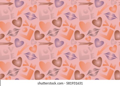 Imprint female a kiss, hearts, arrows multicolored. Hand drawn raster seamless pattern in orange and purple colors. Valentine's day theme.