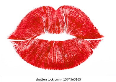 Imprint or print of red lipstick on a white background, isolated. Makeup female lips close up. Concept of love, makeup and beauty. Sexy red lips on white, kiss. Trace of lipstick.