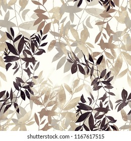 imprints Japanese style abstract twigs with leaves mix repeat seamless pattern. digital hand drawn picture with
watercolour texture. mixed media artwork. endless motif for textile decor and design  