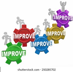 Improved Word On Gears With People, Customers, Workers Or Men Walking Up To Illustrate Improvement, Better Results And Increased Performance Outcome