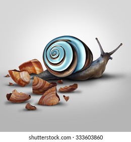 Improvement concept as a snail Shedding old shell for an upgrade as a modern chrome one as a metaphor for new and improved and adapting and advancing with new technology.
