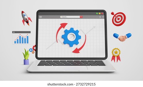 Improvement and Process Restructuring Updates, Operational Changes, Workflow Optimization, Policy Revision, System Updates, New Process Implementation. 3D Laptop with Cog for Business Improvements